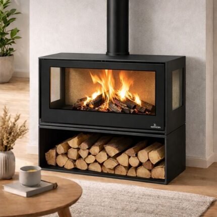 Poêle à bois 3 faces ventilé avec range bûches BRONPI Bimba 90 3C 13 kW
